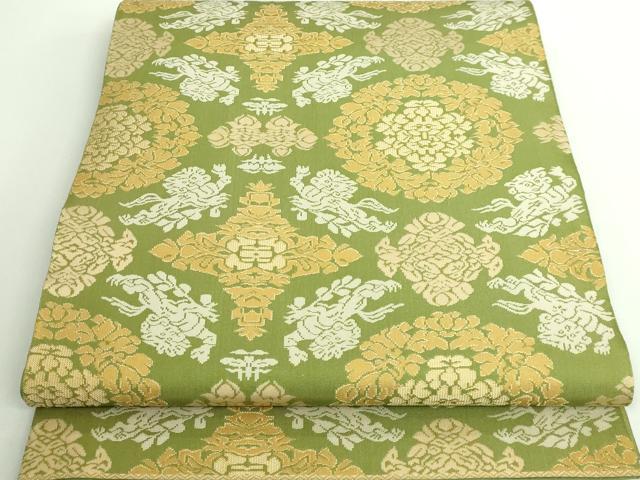 平和屋本店■最高級　人間国宝　北村武資　経錦　六通柄袋帯　正倉院唐獅子錦　鶯色地　逸品　DZAA9253kh5