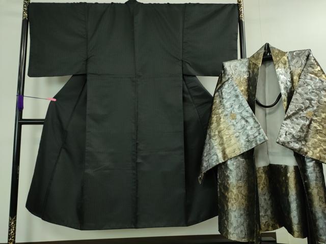平和屋着物■極上　男性　色無地　紋付き羽織セット　菱地紋　黒地　洗える着物　逸品　DZAA9352kh5