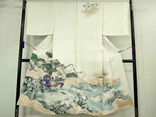 平和屋本店■極上　男性　訪問着　手描き　孔雀　白鷺　小鳥　象牙色地　逸品　DZAA9383kh5