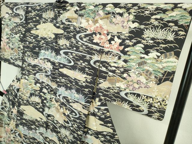 平和屋本店□極上 訪問着 友禅 駒刺繍 渡橋風景花文 青褐色