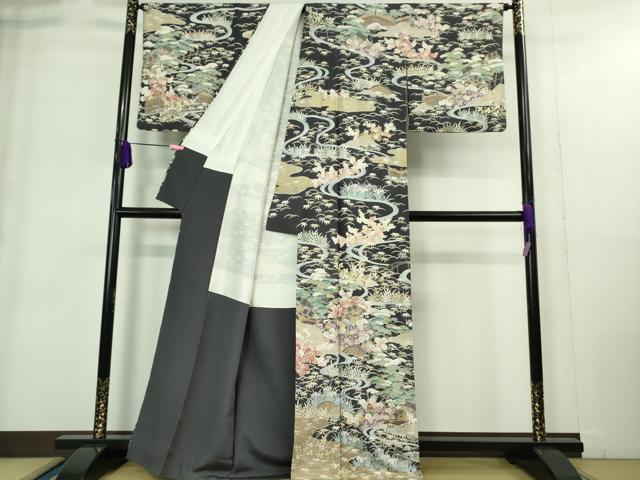 平和屋本店□極上 訪問着 友禅 駒刺繍 渡橋風景花文 青褐色