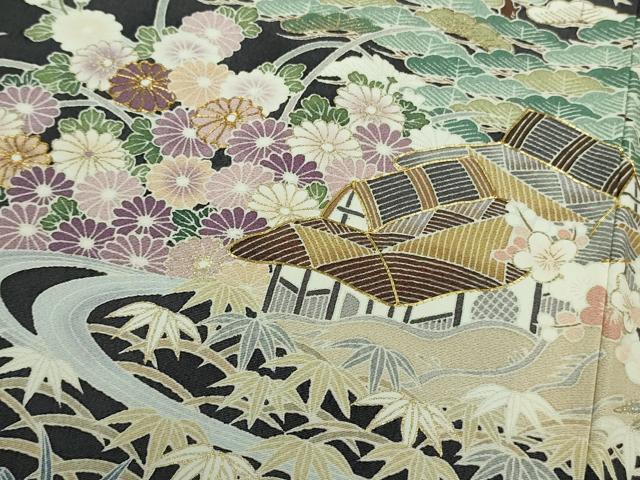 平和屋本店■極上　訪問着　友禅　駒刺繍　渡橋風景花文　青褐色地　金彩　逸品　未使用　DZAA9412kh5 平和屋本店□極上 訪問着 友禅 駒刺繍 渡橋風景花文 青褐色