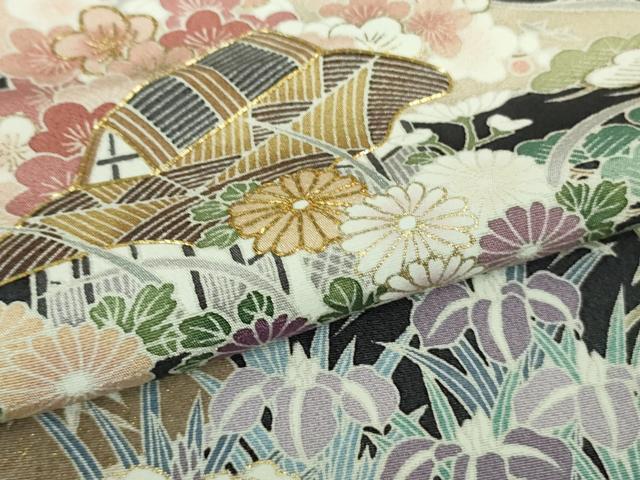 平和屋本店■極上　訪問着　友禅　駒刺繍　渡橋風景花文　青褐色地　金彩　逸品　未使用　DZAA9412kh5 平和屋本店□極上 訪問着 友禅 駒刺繍 渡橋風景花文 青褐色