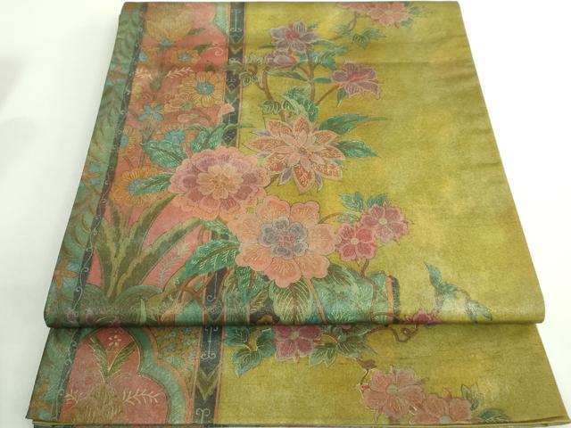 平和屋着物■極上　伝統工芸品　伊那紬　手織り　全通柄袋帯　草花文　金彩　逸品　DZAA9479kh5