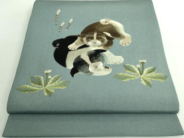 平和屋着物■極上　中国三大刺繍　相良刺繍　総刺繍　太鼓柄袋帯　子犬　逸品　DZAA9513kh5