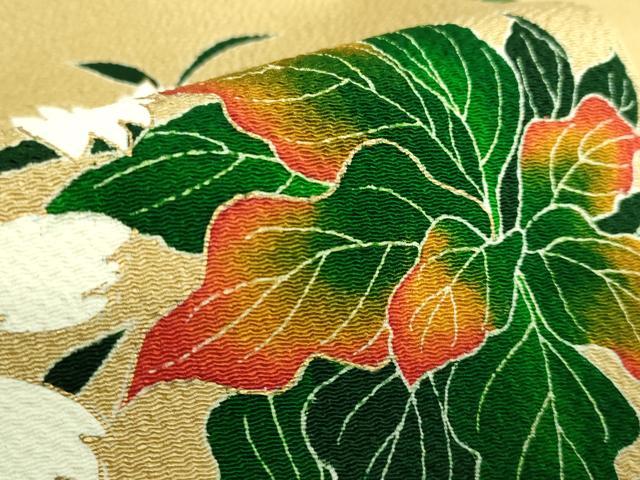 平和屋本店■極上　九寸名古屋帯　友禅　枝花文　黄唐茶色地　金彩　鬼しぼ縮緬　逸品　DZAA9531kh5 平和屋本店□極上 九寸名古屋帯 友禅 枝花文 黄唐茶色