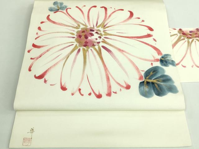 平和屋着物■極上　塩瀬　九寸名古屋帯　作家物　手描き　菊　金彩　逸品　DZAA9533kh5