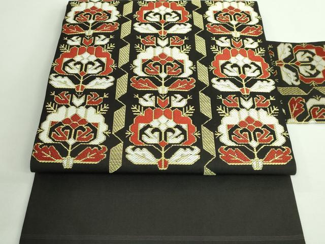 平和屋着物■極上　西陣　川島織物　九寸名古屋帯　唐織　草花文　黒地　逸品　DZAA9534kh5