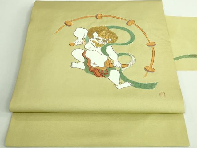 平和屋着物■極上　京縫　月聖子　塩瀬　九寸名古屋帯　刺繍　雷神　抹茶色地　金彩　逸品　DZAA9541kh5