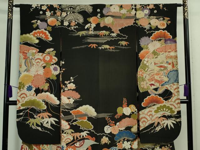 平和屋着物□極上 アンティーク 大正ロマン 振袖 駒刺繍 御所車鼓花文 黒地