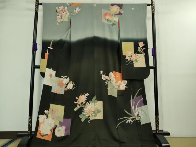 平和屋着物■極上　アンティーク　大正ロマン　振袖　乱菊　梅　楓　黒地　暈し染め　逸品　DZAA9567kh5
