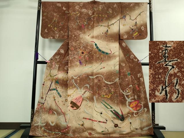 平和屋本店■極上　訪問着　作家物　手描き　楽器　暈し染め　金糸　鬼しぼ縮緬　高島屋扱い　逸品　DZAA9577kh5