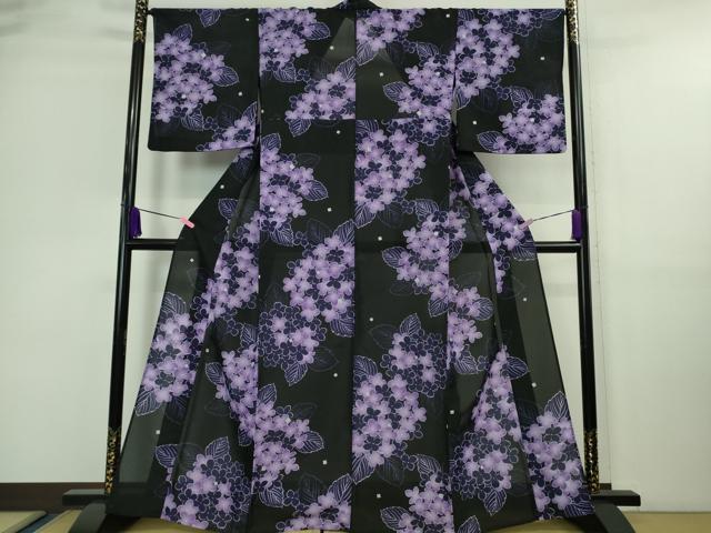 平和屋着物■極上　夏物　押切もえ　MOE OSHIKIRI　小紋・浴衣兼用　紅梅織　紫陽花　黒地　銀彩　洗える着物　逸品　DZAA9644kh5