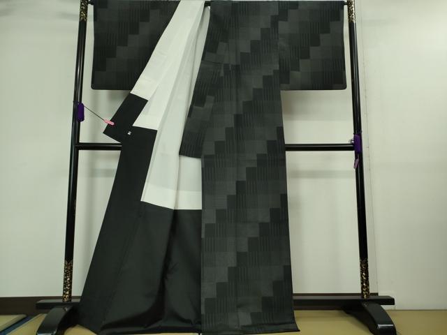 平和屋着物■極上　本塩沢　やまだ織　袷　原沢キヨ作　斜線文　黒地　証紙付き　逸品　DZAA9669kh5 平和屋着物□極上 本塩沢 やまだ織 袷 原沢キヨ作 斜線文 黒地