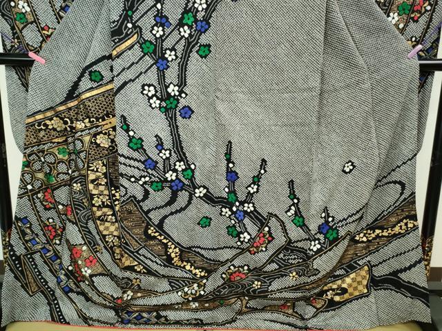 平和屋本店□極上 振袖 絞り 几帳枝花文 黒地 金銀彩 逸品 DZAA9691kh5