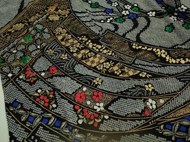 平和屋本店□極上 振袖 絞り 几帳枝花文 黒地 金銀彩 逸品 DZAA9691kh5