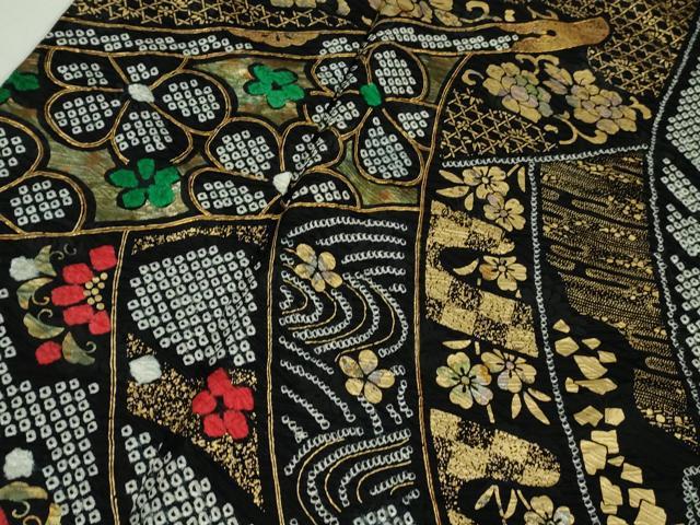 平和屋本店□極上 振袖 絞り 几帳枝花文 黒地 金銀彩 逸品 DZAA9691kh5