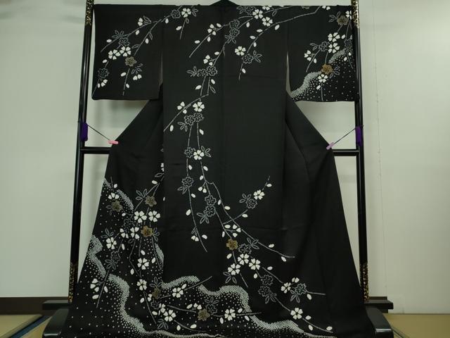 平和屋着物■極上　訪問着　絞り　枝垂れ桜　黒地　金彩　ロング丈　逸品　DZAA9692kh5