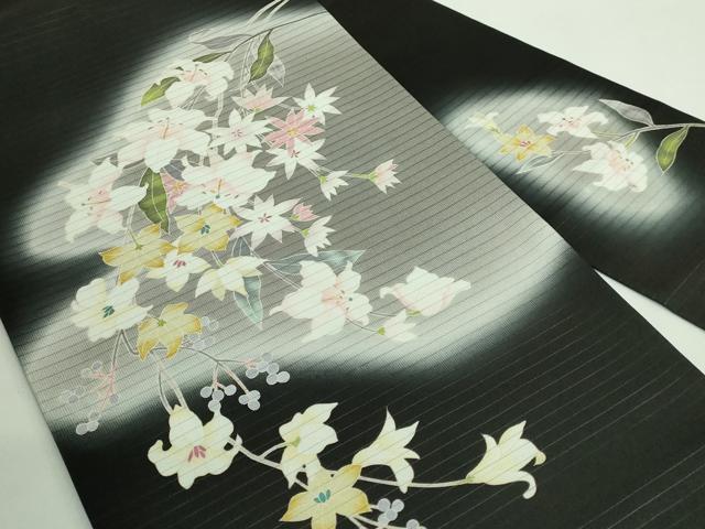 平和屋着物■極上　夏物　九寸名古屋帯　友禅　枝花文　百合　黒地　逸品　DZAA9702kh5_1