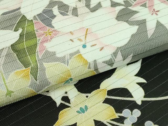 平和屋着物■極上　夏物　九寸名古屋帯　友禅　枝花文　百合　黒地　逸品　DZAA9702kh5_2
