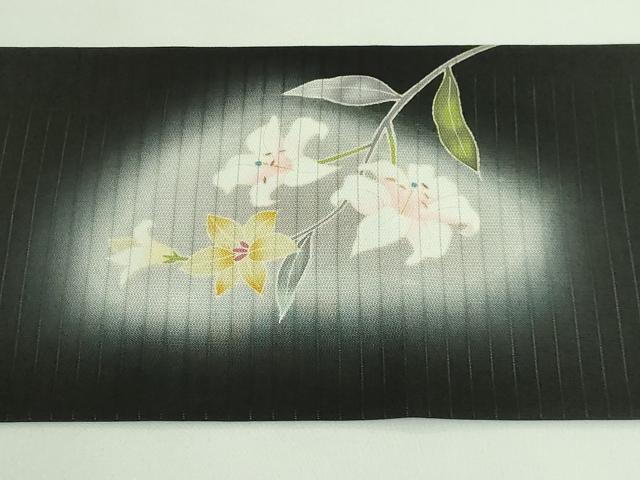 平和屋着物■極上　夏物　九寸名古屋帯　友禅　枝花文　百合　黒地　逸品　DZAA9702kh5_6