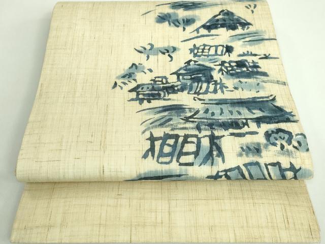 平和屋着物■極上　夏物　九寸開き名古屋帯　藍　風景文　麻　逸品　DZAA9707kh5