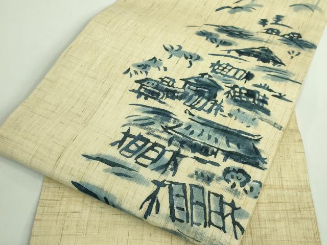 平和屋着物■極上　夏物　九寸開き名古屋帯　藍　風景文　麻　逸品　DZAA9707kh5 平和屋着物□極上 夏物 九寸開き名古屋帯 藍 風景文 麻 逸品