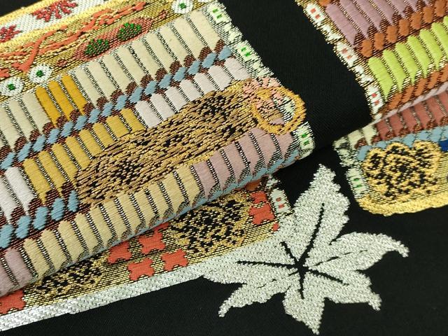 平和屋本店□極上 太鼓柄 本袋帯 龍村平蔵柄 威毛錦 黒地