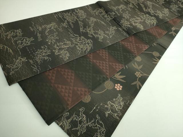 平和屋着物■極上　両方向　両面　全通柄袋帯　鳥獣戯画　笹蔓緞子　鱗　花唐草　逸品　DZAA9742kh5