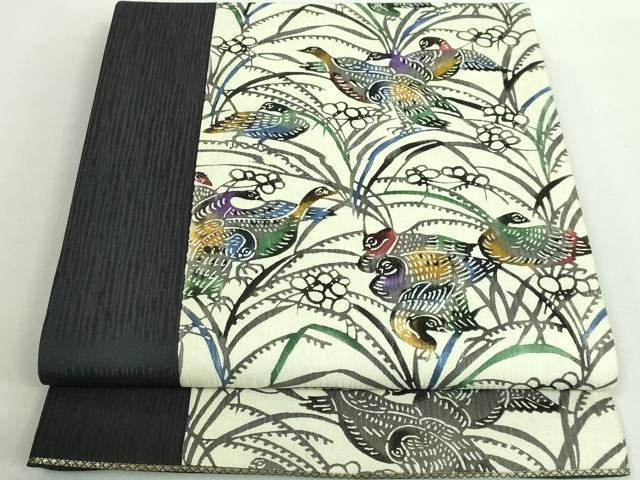 平和屋着物■極上　創業70余年　あやせ染芸　江戸紅型染　全通柄袋帯　群鳥　逸品　DZAA9758kh5