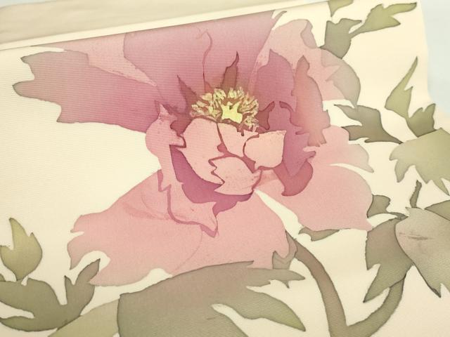 平和屋着物■極上　塩瀬　つけ帯　作家物　枝花文　ろうけつ染　薄香色地　逸品　DZAA9760kh5 平和屋着物□極上 塩瀬 つけ帯 作家物 枝花文 ろうけつ染