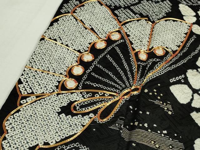 平和屋着物□極上 振袖 駒刺繍 絞り 舞蝶花文 黒地 やまと誂