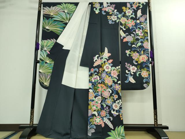 平和屋本店■極上　振袖　友禅　作家物・泰和　松花文　藍鉄色地　逸品　DZAA9893kh5 平和屋本店□極上 振袖 友禅 作家物・泰和 松花文 藍鉄色地