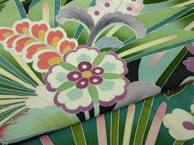 平和屋本店□極上 振袖 友禅 作家物・泰和 松花文 藍鉄色地