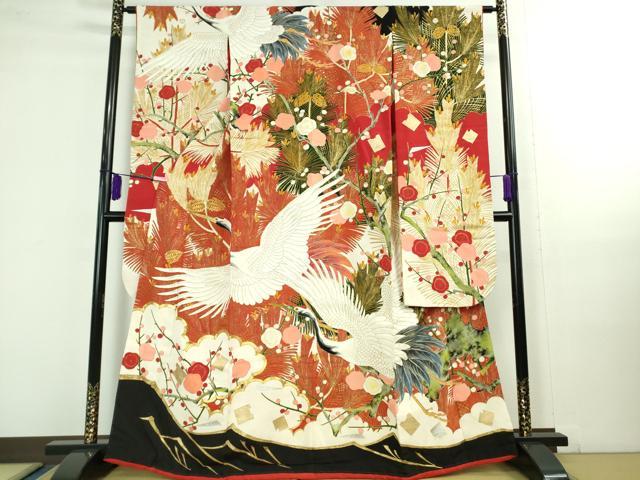 平和屋本店■極上　アンティーク　大正ロマン　振袖　相良刺繍　駒刺繍　飛鶴吉祥松花文　黒地　金銀彩　逸品　DZAA9967kh5