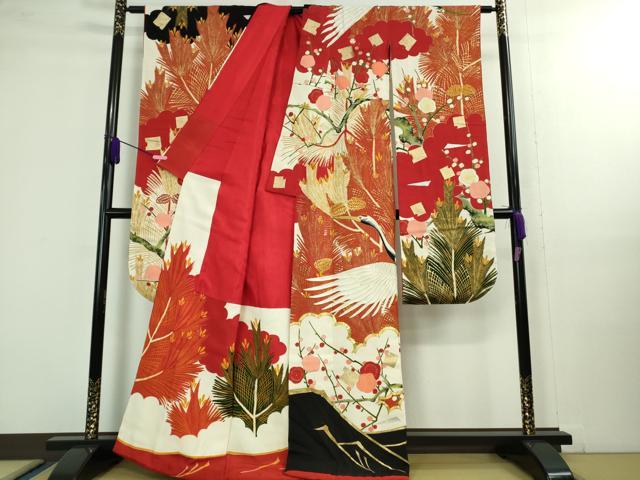 平和屋本店□極上 アンティーク 大正ロマン 振袖 相良刺繍 駒刺繍 飛鶴吉祥