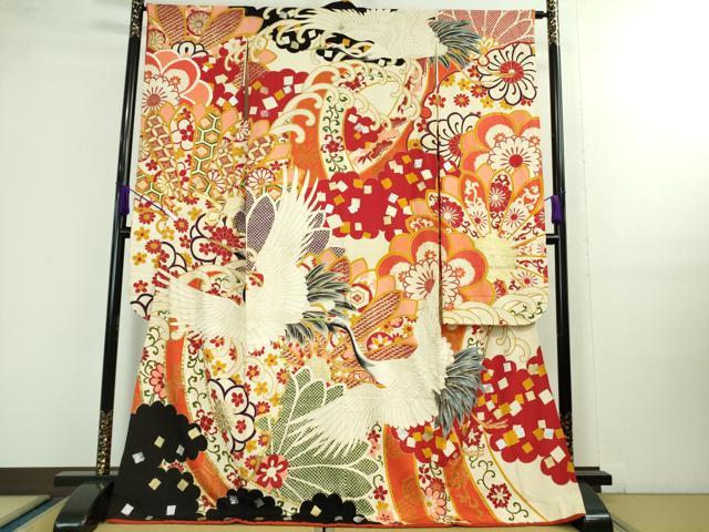 平和屋本店□極上 アンティーク 大正ロマン 振袖 相良刺繍 駒刺繍 飛鶴花