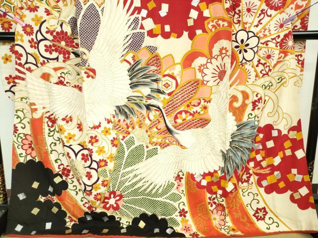 平和屋本店■極上　アンティーク　大正ロマン　振袖　相良刺繍　駒刺繍　飛鶴花文　金銀彩　逸品　DZAA9969kh5 平和屋本店□極上 アンティーク 大正ロマン 振袖 相良刺繍 駒刺繍 飛鶴花