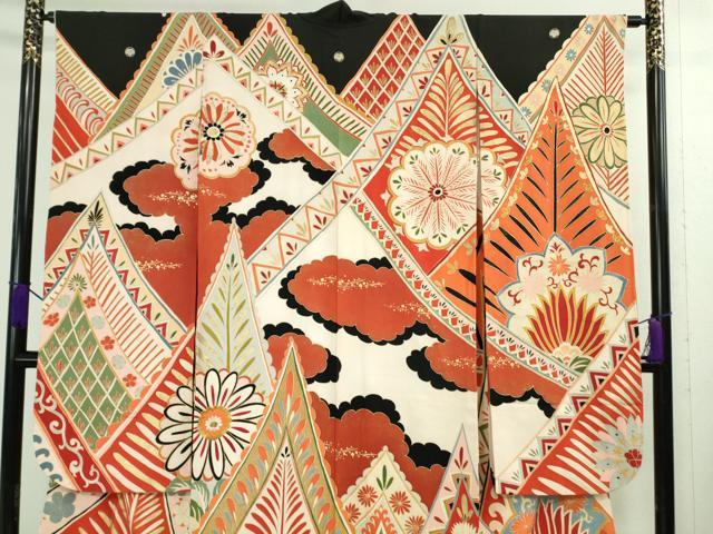平和屋本店□極上 アンティーク 大正ロマン 振袖 駒刺繍 網干花文 黒地