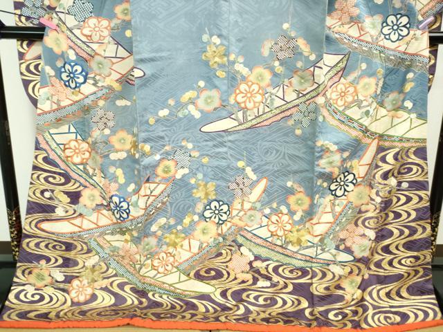 平和屋本店■極上　アンティーク　大正ロマン　振袖　駒刺繍　花舟　金彩　逸品　DZAA9975kh5 平和屋本店□極上 アンティーク 大正ロマン 振袖 駒刺繍 花舟 金彩