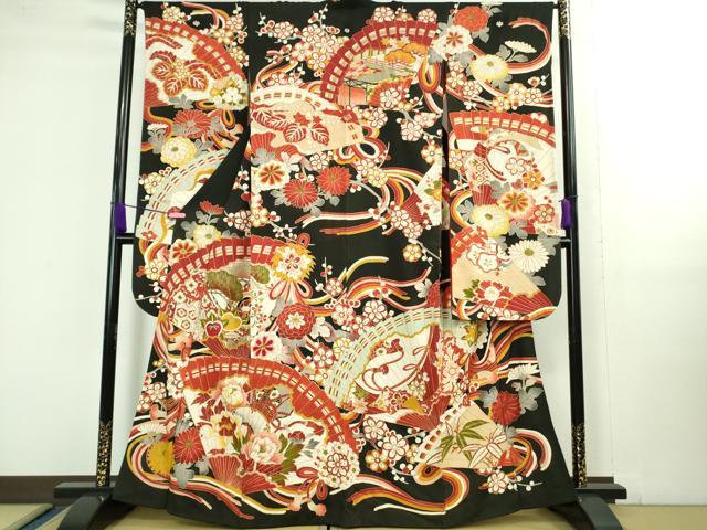 平和屋本店□極上 アンティーク 大正ロマン 振袖 駒刺繍 檜扇吉祥花文