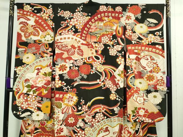 平和屋本店□極上 アンティーク 大正ロマン 振袖 駒刺繍 檜扇吉祥花文