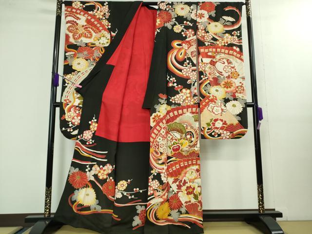 アンティーク着物　二尺袖大正ロマン　小振袖　駒刺繍　檜扇吉祥花文　正絹 アンティーク着物 二尺袖大正ロマン 小振袖 駒刺繍 檜扇吉祥花文