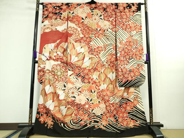 平和屋本店■極上　アンティーク　大正ロマン　振袖　駒刺繍　立波松花文　黒地　金彩　逸品　DZAA9979kh5