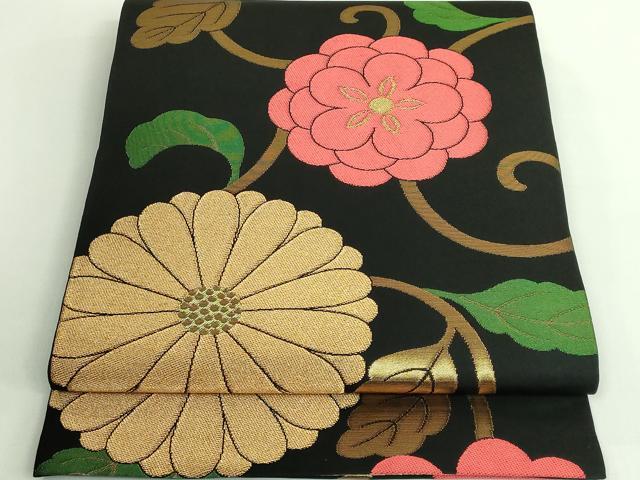 平和屋着物●極上　全通柄　本袋帯　花唐草　黒地　金糸　逸品　DZAB0009kh5