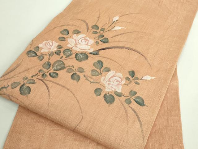 平和屋着物■極上　夏物　九寸名古屋帯　手描き　枝花文　薔薇　麻　逸品　DZAB0015kh5_6