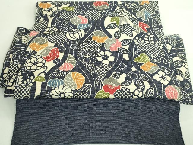 平和屋着物■極上　和染紅型　栗山紅型　栗山吉三郎　つけ帯　紬地　立涌花文　逸品　DZAB0024kh5