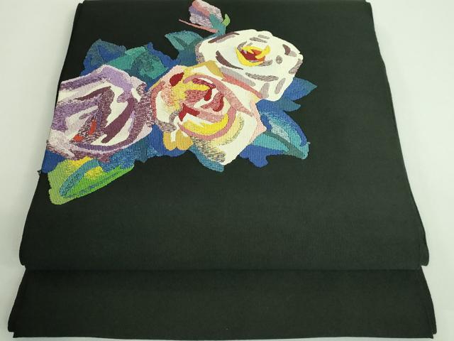 平和屋着物■極上　爪掻き本綴れ　八寸名古屋帯　薔薇　バラ　黒地　金銀糸　逸品　DZAB0046kh5