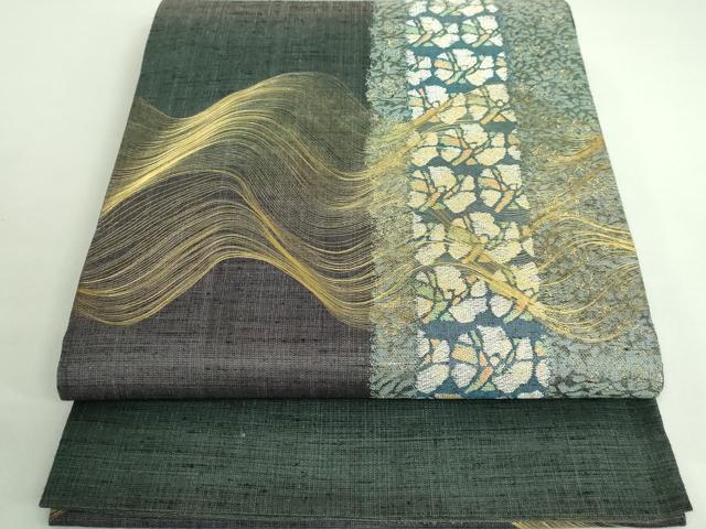 平和屋着物■極上　名門　しょうざん　生紬　紙屋川伝承　絹漉貴　太鼓柄袋帯　草花文　金糸　逸品　DZAB0055kh5