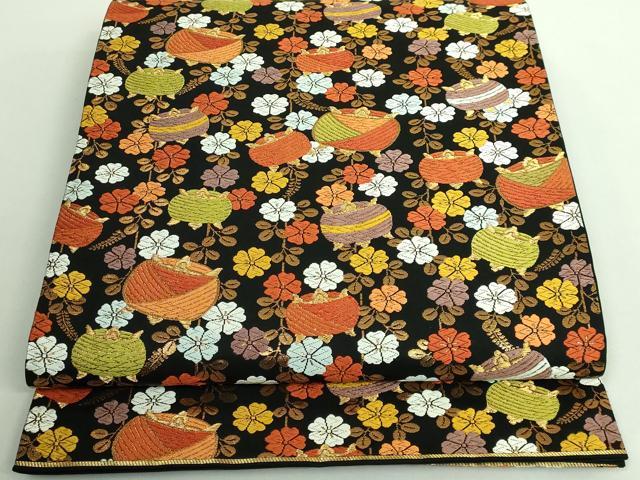 平和屋着物■極上　 西陣　河合美術織物謹製　六通柄袋帯　唐織　糸車花文　黒地　金糸　逸品　DZAB0065kh5